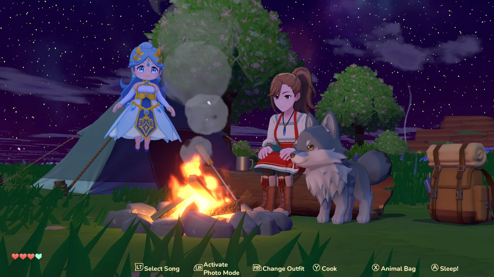 Resting at a campsite with companions in an official game screenshot