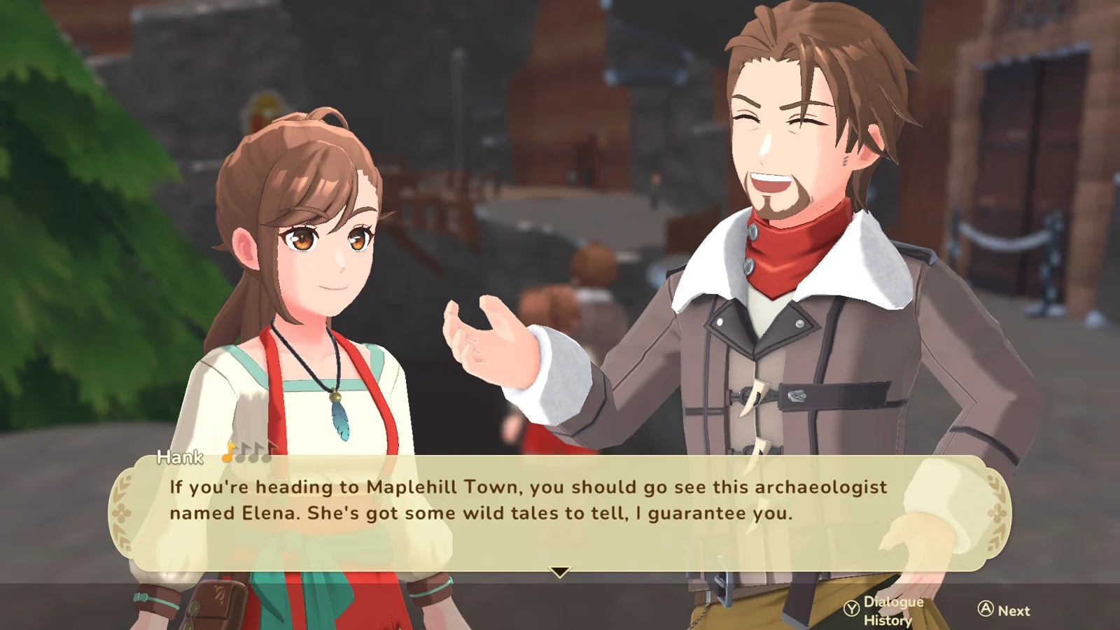 A conversation in Maplehill shown in an official game screenshot