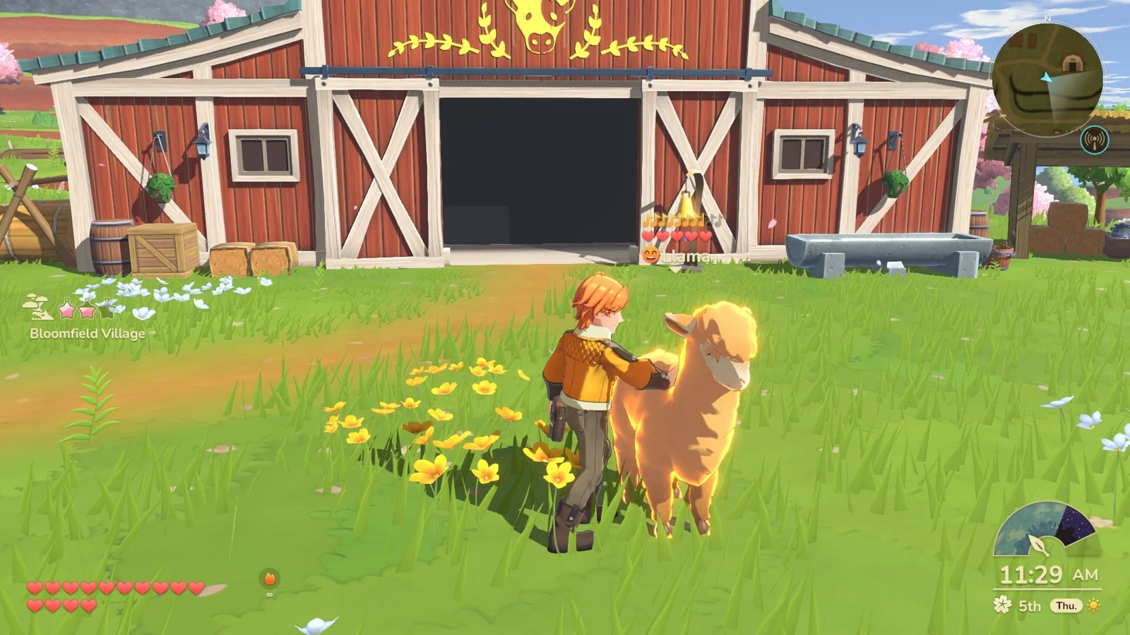 A farmer with a horse outside the animal barn in an official game screenshot